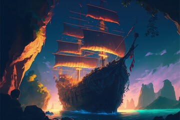 Fototapeta na wymiar Landscape with pirate boat on sea and island, night scene. Generative AI