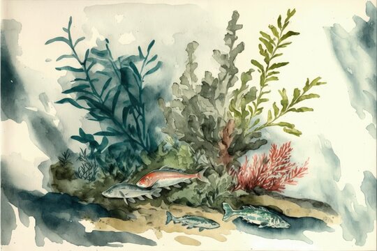 Coral fish and seaweed painting illustration, white background. Generative AI