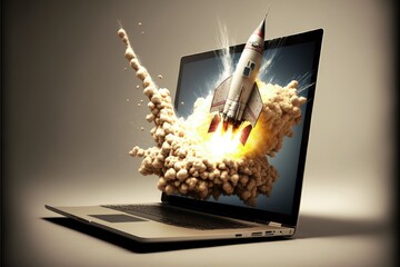 Illustration of rocket coming out of laptop screen, conceito de startup ,background. Generative AI