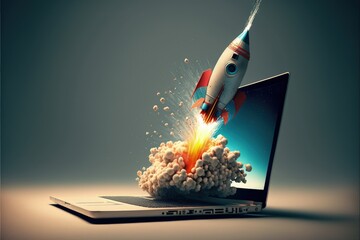 Illustration of rocket coming out of laptop screen, conceito de startup ,background. Generative AI