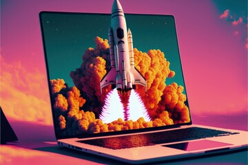 Illustration of rocket coming out of laptop screen, colorful background. Generative AI
