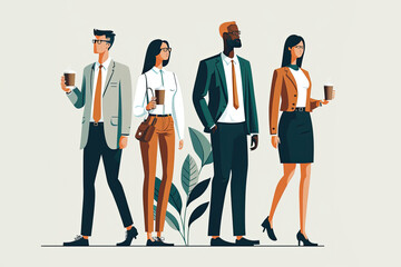 Group of coworkers standing together, holding coffee cups and discussing, generative ai