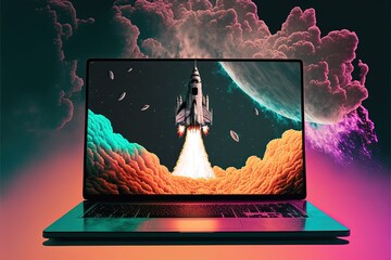 Illustration of rocket coming out of laptop screen, colorful background. Generative AI