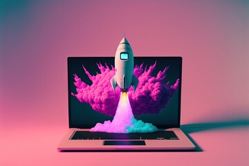 Illustration of rocket coming out of laptop screen, colorful background. Generative AI - obrazy, fototapety, plakaty