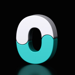 3d letter O plastic teal and white from alphabet isolated in a black background. Hi tech metallic font character design illustration, text minimal style, 3d rendering