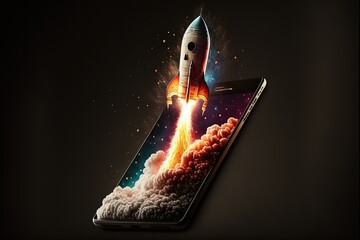Rocket illustration on iphone cell phone screen, black background. Generative AI