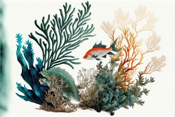 Fototapeta na wymiar Coral fish and seaweed painting illustration, white background. Generative AI