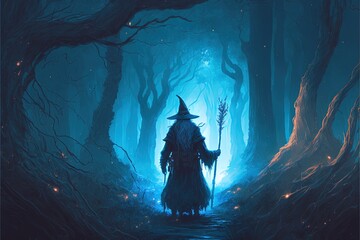 Illustration of a wizard from the back in the mystical forest. Generative AI
