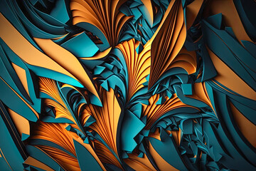 Abstract background wallpaper, 3D shapes, metallic blue azure and orange tones, generative AI