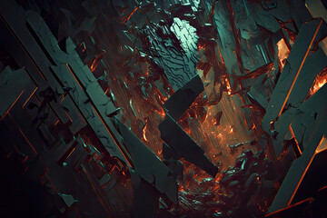 Chaotic abstract background wallpaper, dark teal and gold fire tones, illustration, generative AI