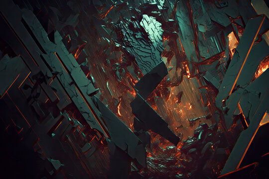 Chaotic abstract background wallpaper, dark teal and gold fire tones, illustration, generative AI