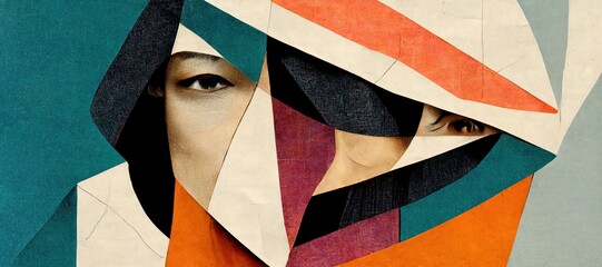 Abstract face portrait as a cubism art. Concept of creative shapes graphics with textured geometric shapes. Geometric face. Generative AI. 