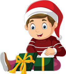 Cartoon little boy opening present box