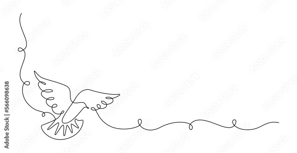 Poster one continuous line drawing of flying dove. bird symbol of peace and freedom in simple linear style.
