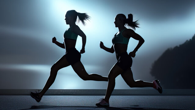 women running at night, silhouette, workout, sport, healthy life, Generative AI
