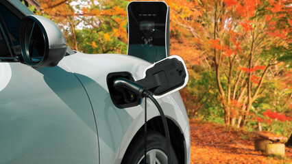 Progressive eco-friendliness concept of electric car, EV car powered by clean and sustainable energy recharging at charging station against a background of an autumnal orange forest.