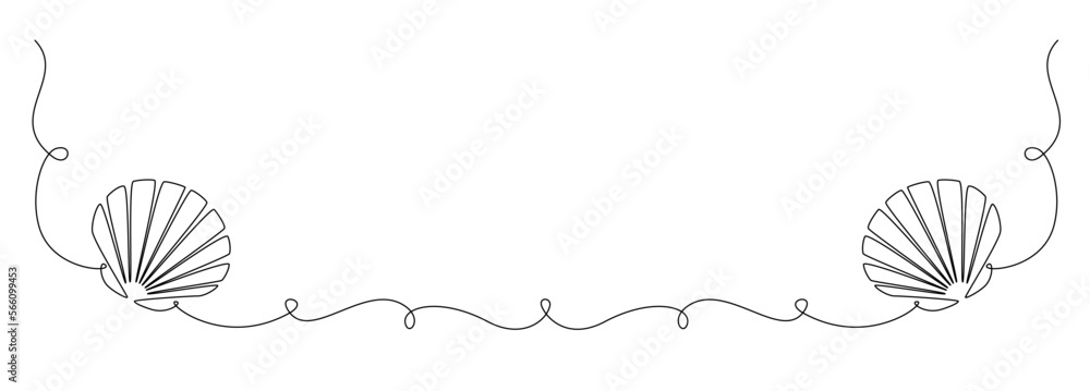 Poster continuous one line drawing of open oyster shell. seashell symbol and banner of beauty spa and welln