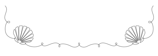 Continuous one line drawing of open oyster shell. Seashell symbol and banner of beauty spa and wellness salon in simple linear style. Editable stroke. Hand drawn Vector illustration