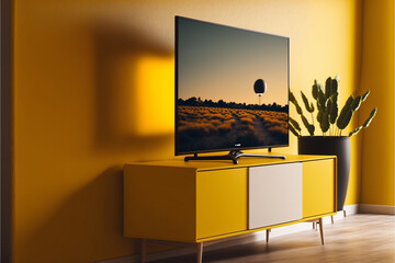 TV on cabinet in the modern living room on the yellow illuminating wall, Generative AI