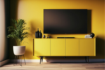 Beautiful TV on cabinet in the modern living room on the yellow illuminating wall, Generative AI