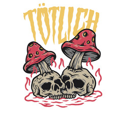 mushrooms and skulls illustration, totlich poisonde tshirt
