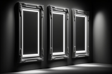 NEW style triptych of paintings in galleries or museums three large illuminated picture empty frames, Generative AI