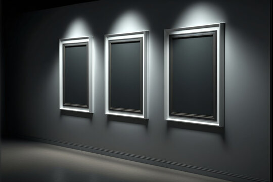 Light triptych of paintings in galleries or museums three large illuminated picture empty frames, Generative AI