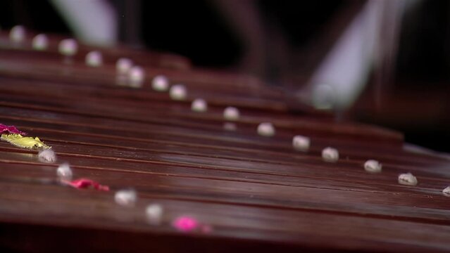 Xylophone Player, Musician Playing a Xylophone, Wooden Bars of a Xylophone Being Struck by Mallets. Close Up.