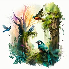 Digital watercolor painting, high quality, of a forest landscape with birds, butterflies and trees, in bright colors