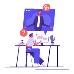 Woman sitting at her computer and talking with customer service. Clients assistance, call center, hotline operator, consultant manager, technical support and customer care