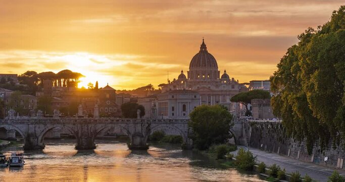 Time-lapse of the Vatican dome of Saint Peter's Basilica and Sant'Angelo Bridge over the Tiber River, Time-lapse from day to  night