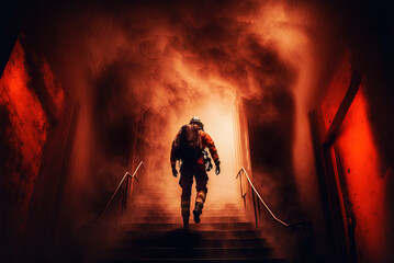 Obraz premium fireman running up stairs in burning building by generative AI