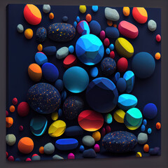Colorful marbles and pebbles on a navy blue background