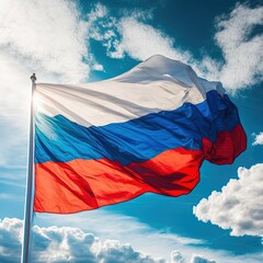 Russian flag waving in the wind during a sunny day