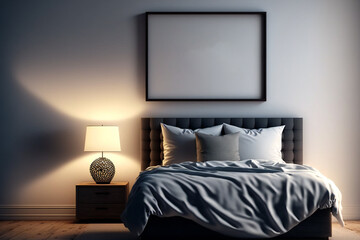 empty Mock-up poster photo frame in dark bedroom
