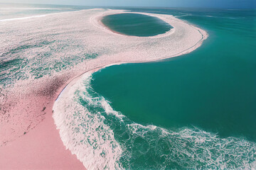 Fototapeta na wymiar Spectacular top view from drone photo of beautiful pink beach with relaxing sunlight, sea water waves pounding the sand at the shore. Calmness and refreshing beach scenery.