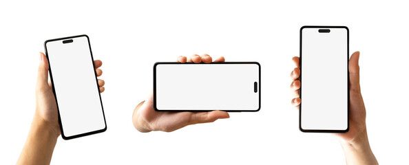 Woman hand holding the black smartphone with mock up blank screen and modern frame, Set of different angles and positions, isolated background