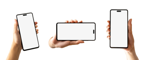 Woman hand holding the black smartphone with mock up blank screen and modern frame, Set of different angles and positions, isolated background