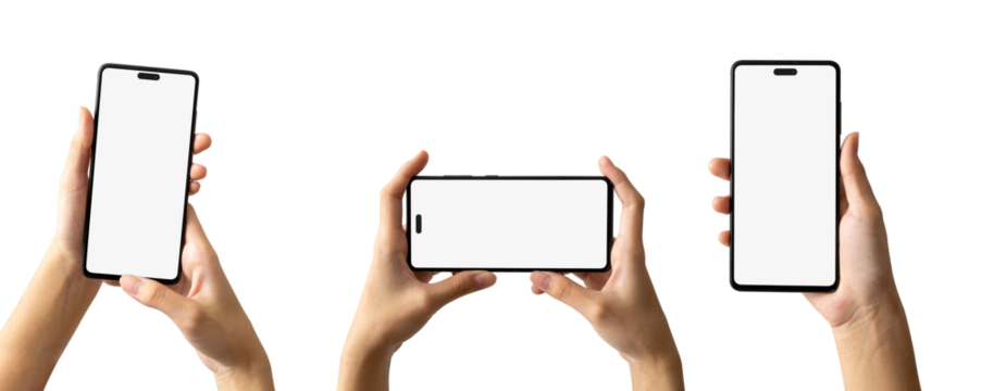 Woman hand holding the black smartphone with mock up blank screen and modern frame, Set of different angles and positions, isolated background