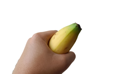 Man hold tightly a banana. Sex concept on transparent background