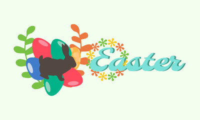 Happy Easter banner. Trendy Easter design with typography, hand painted strokes and dots, eggs, bunny ears, in pastel colors