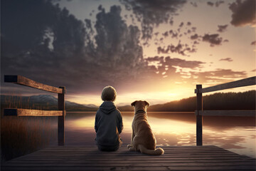 A Dog and a Child sitting at the end of a Dock enjoying the sunset or sunrise in each others company ~ Created using Generative AI
