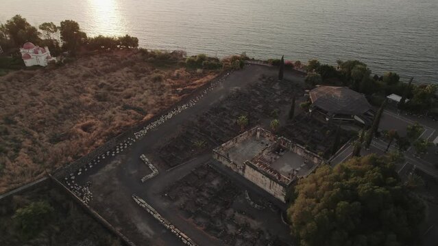 Aerial drone footage of the ruins of ancient Capernuem