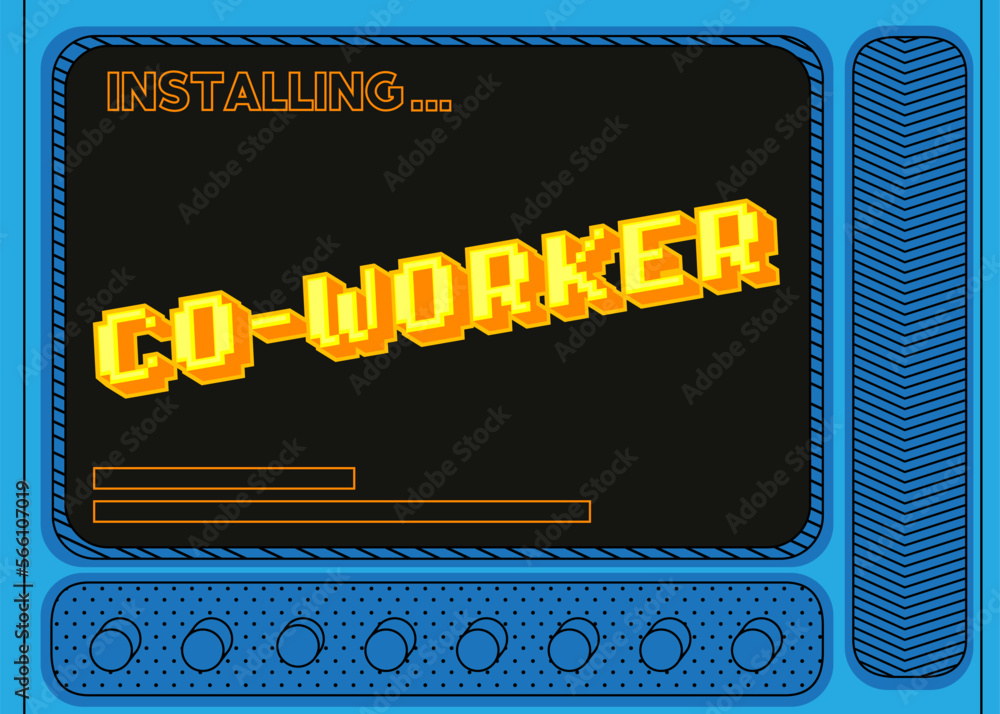 Poster Cartoon Computer With the word Co-worker. Message of a screen displaying an installation window.