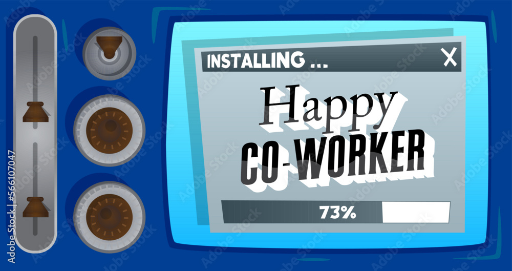 Poster Cartoon Computer With the word Happy Co-worker. Message of a screen displaying an installation window.