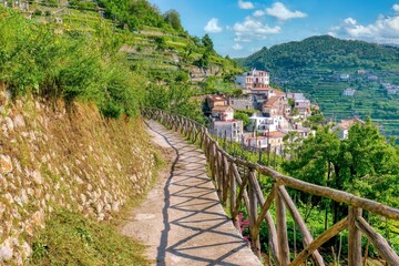 A scenic public footpath near the village of Scala, along the beautiful Valle delle Ferriere hiking trail, which connects the towns of Ravello and Amalfi, Italy. - obrazy, fototapety, plakaty
