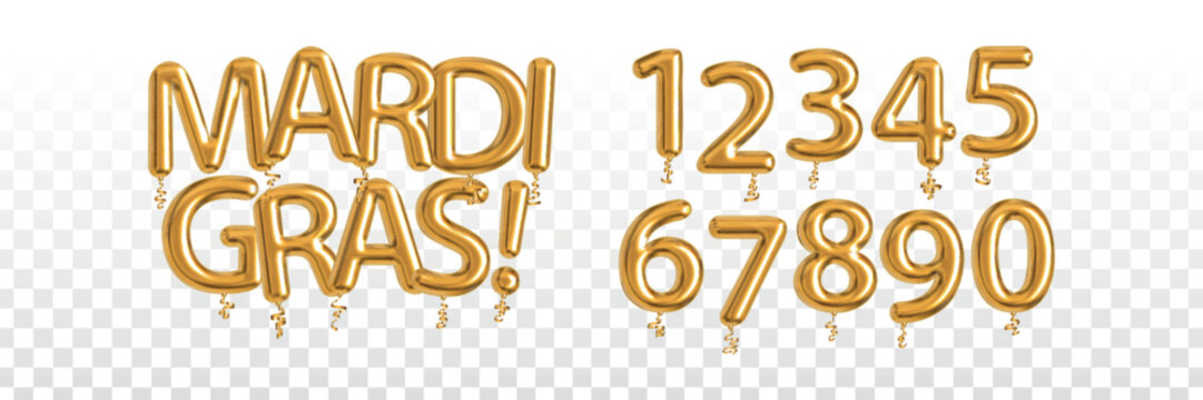 Vector realistic isolated golden balloon text of Mardi Gras with numbers on the transparent background.