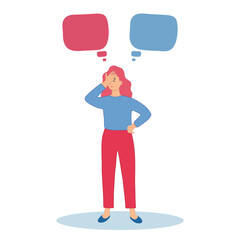 Young woman doubts and questioning everything. Flat cartoon vector illustration.