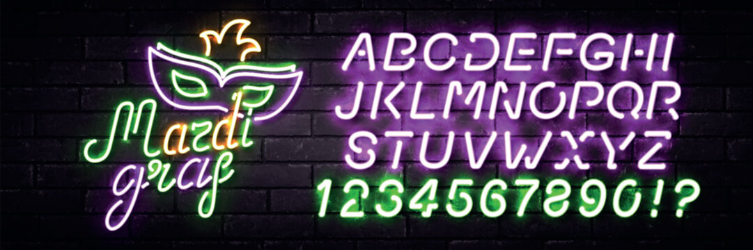 Vector realistic isolated neon sign of Mardi Gras with easy to change color alphabet on the wall background.