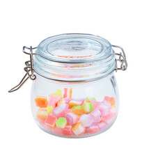 Sweet Rectangular Sugar Coated Jelly in a clear glass jar with a lockable lid (KORKEN) isolated on white background. Multi-layered multi-colored jelly is sweet, stretchy and soft.